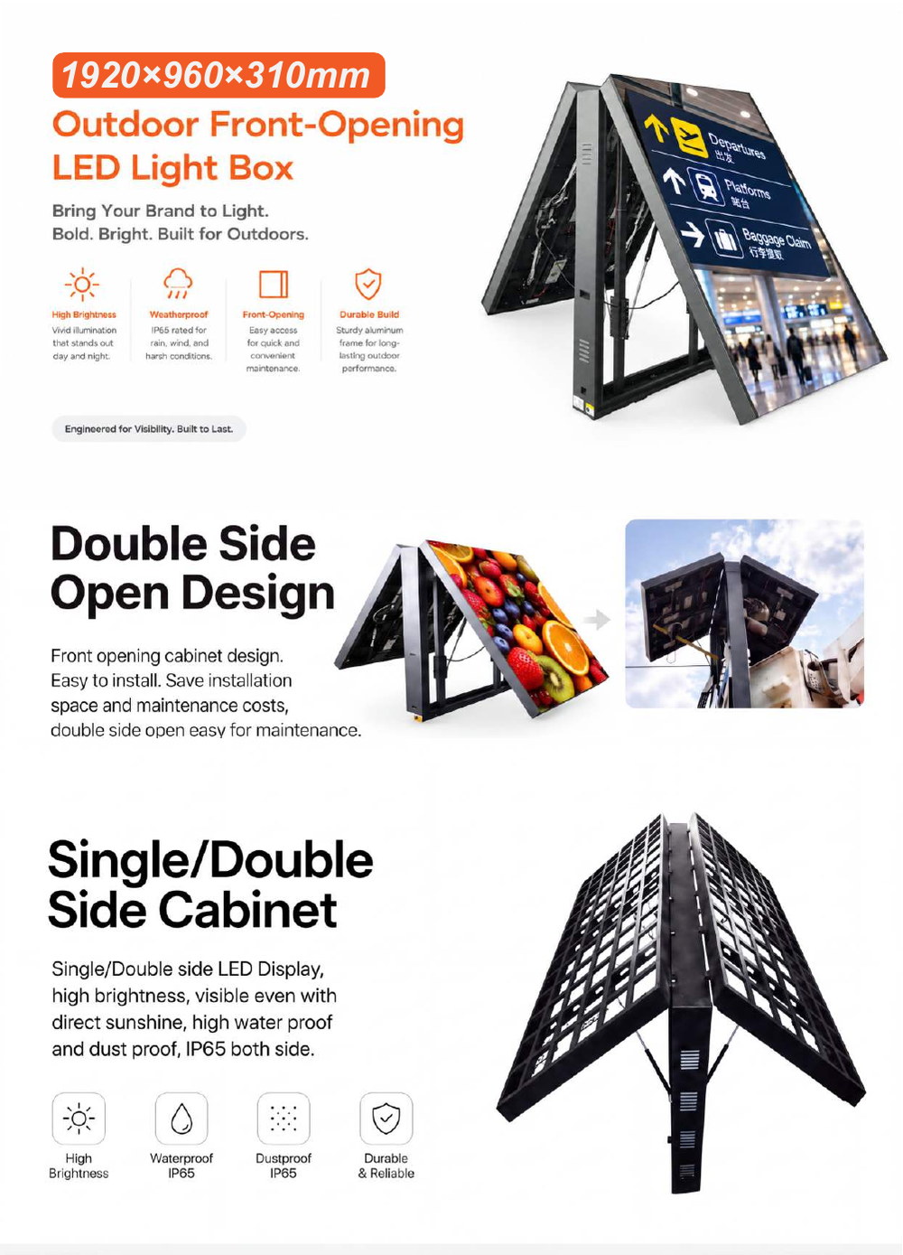 1920x960x310mm outdoor double-sided front flip LED light box cabinet specification sheet 1