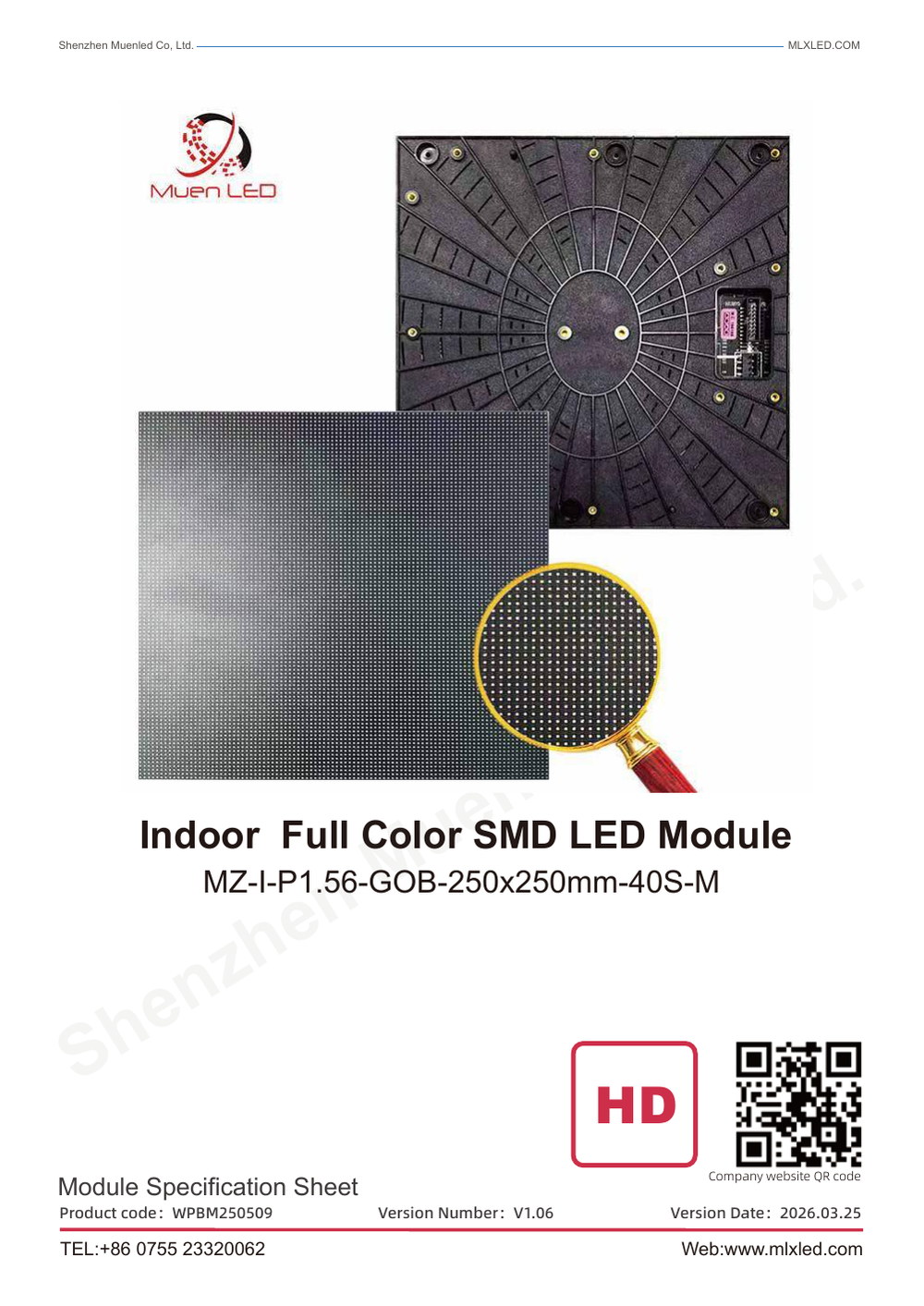 MZ-I-P1.56-GOB-250x250mm-40S-M LED display specification sheet 1