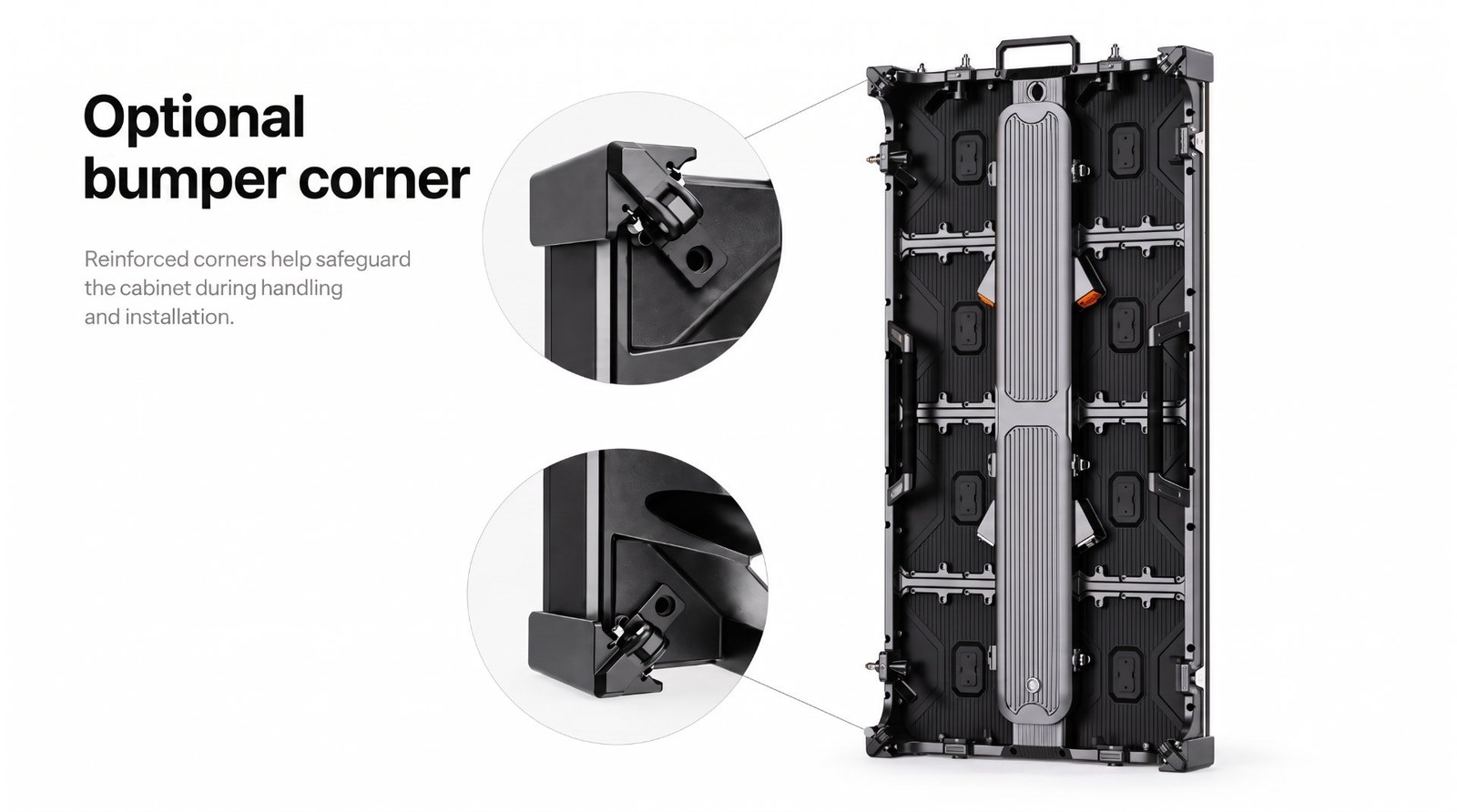 Optional bumper corners — clip-on guards for the edges that take the hits in transit.