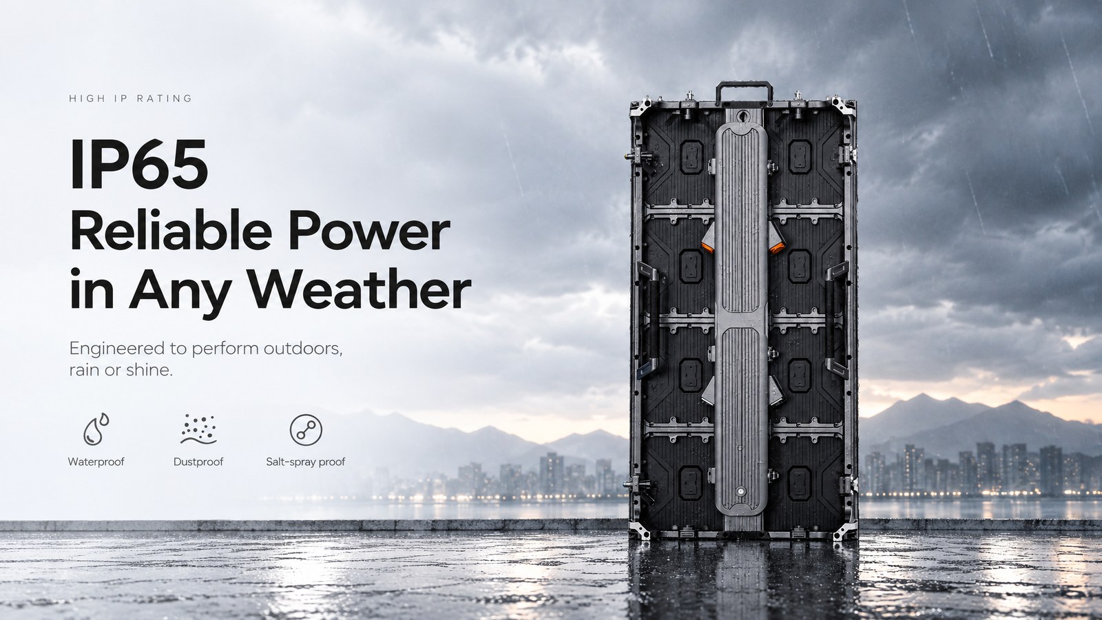 IP65 front and rear — rain, dust and coastal air.